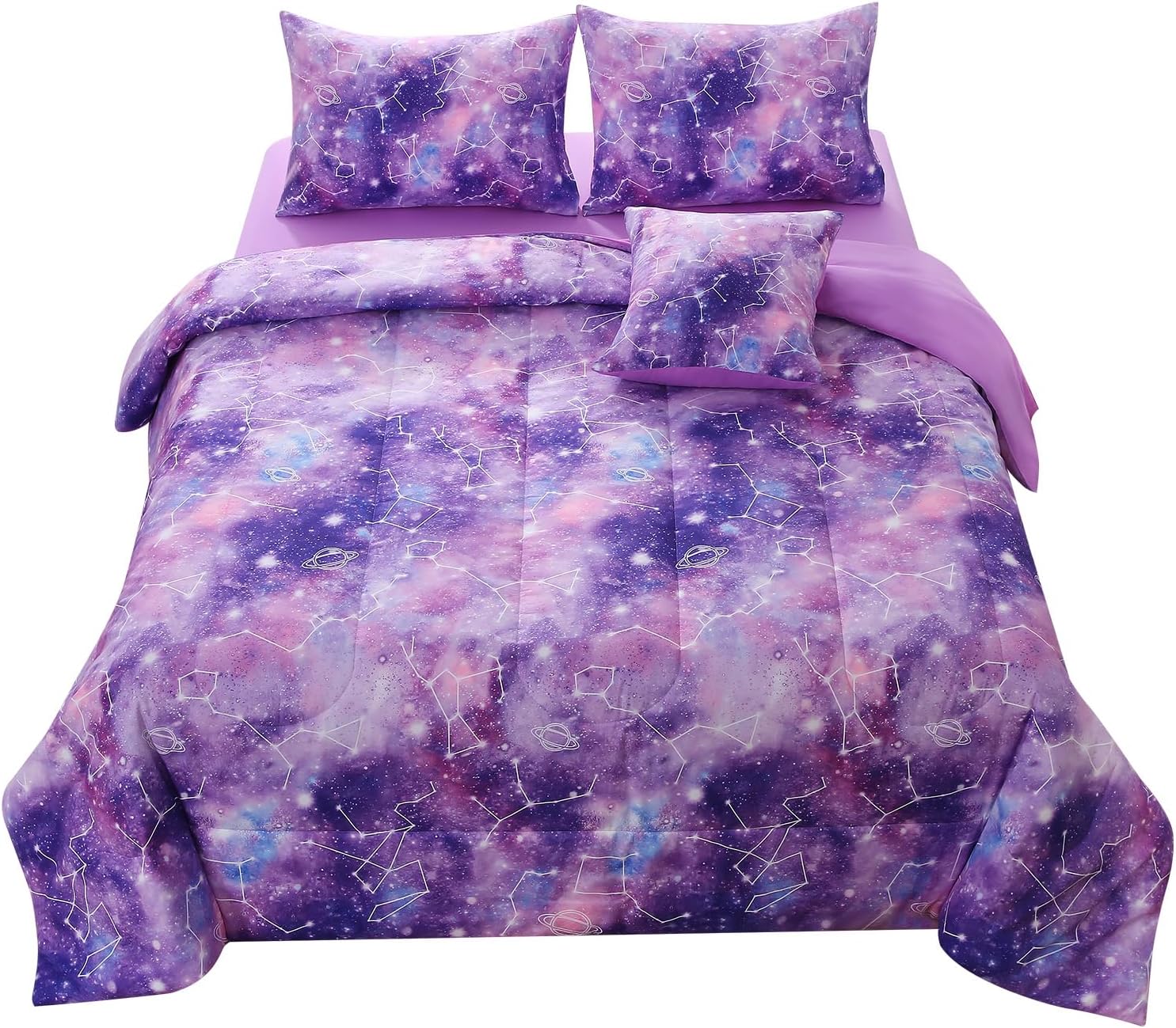 JQinHome Twin Gradient Galaxy Comforter Set for Girls,6 Piece Bed in A Bag 3D Colorful Tie Dye Constellation Print Ombre Bedding Set (Purple) - Image 2