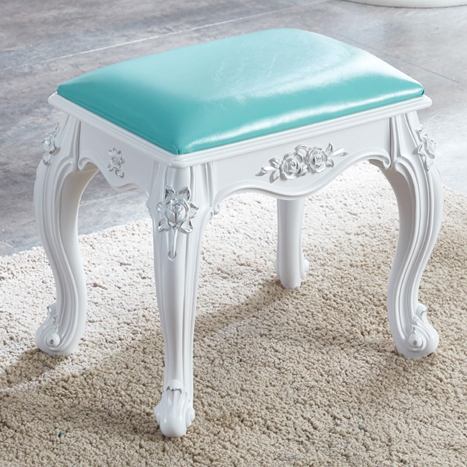 Taburete de maquillaje verde claro para mujer, silla cuadrada tapizada Vani moderna con patas de ABS duraderas, diseño de asiento elegante para dormitorio, sala de maquillaje y tocador