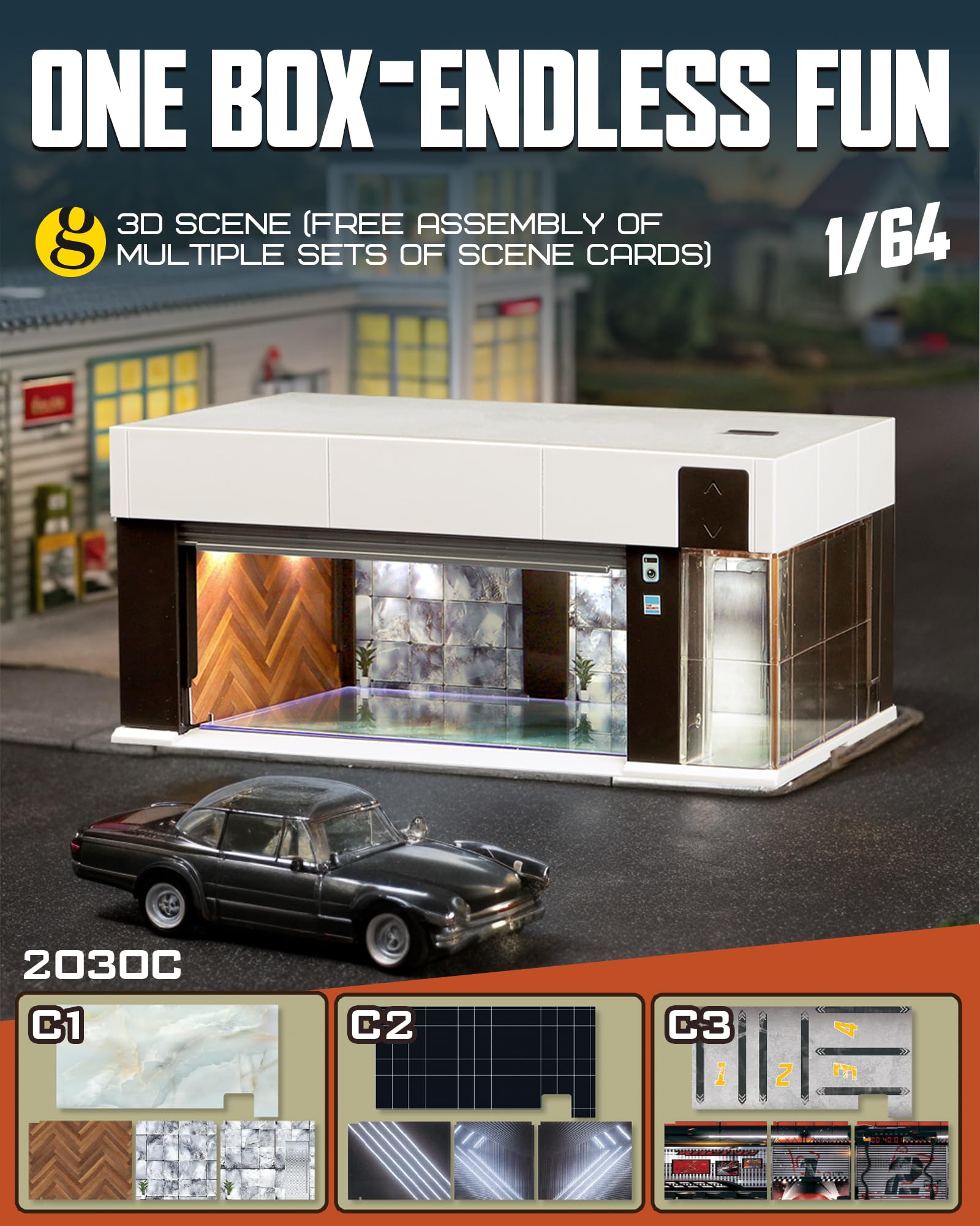 1/64 Maßstab Druckguss-Vitrine für Hot Wheel-Aufbewahrung mit LED-Lichtern, stapelbare elektrische Garage mit Sprachsteuerung, 3 austauschbare 3D-Szenen-Parkplatz-Diorama für Modellautos