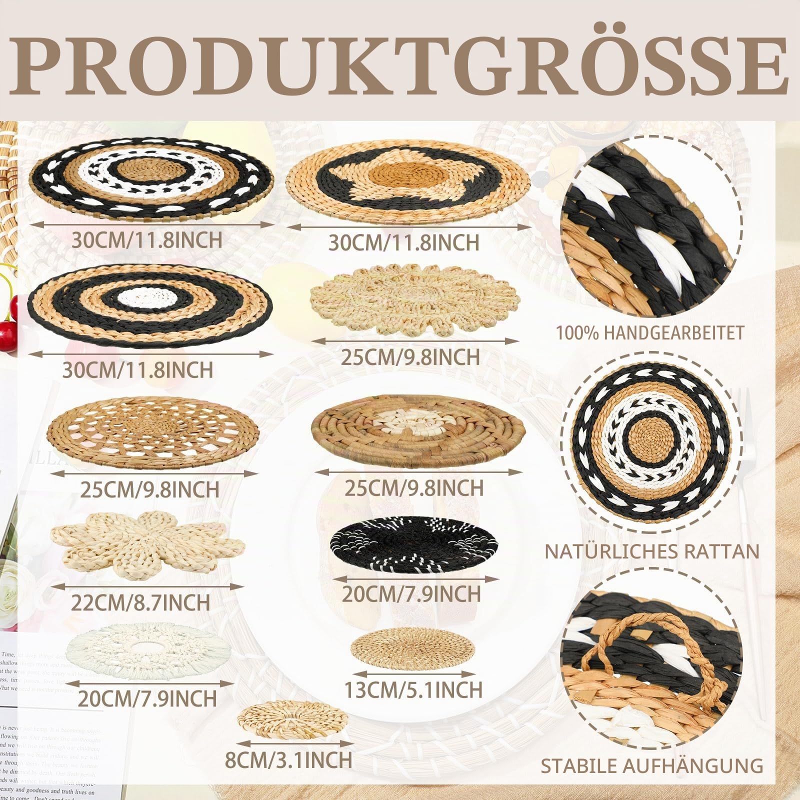 Tatuo Boho-Wandkorb, Dekoration, dekorativer Bulrush gewebter Korb, Wanddekoration, Boho-Wandkunst, rund, Bauernhaus, Wandbehang, Körbe für Küche, rustikale Heimdekoration, Weihnachtsdekoration,