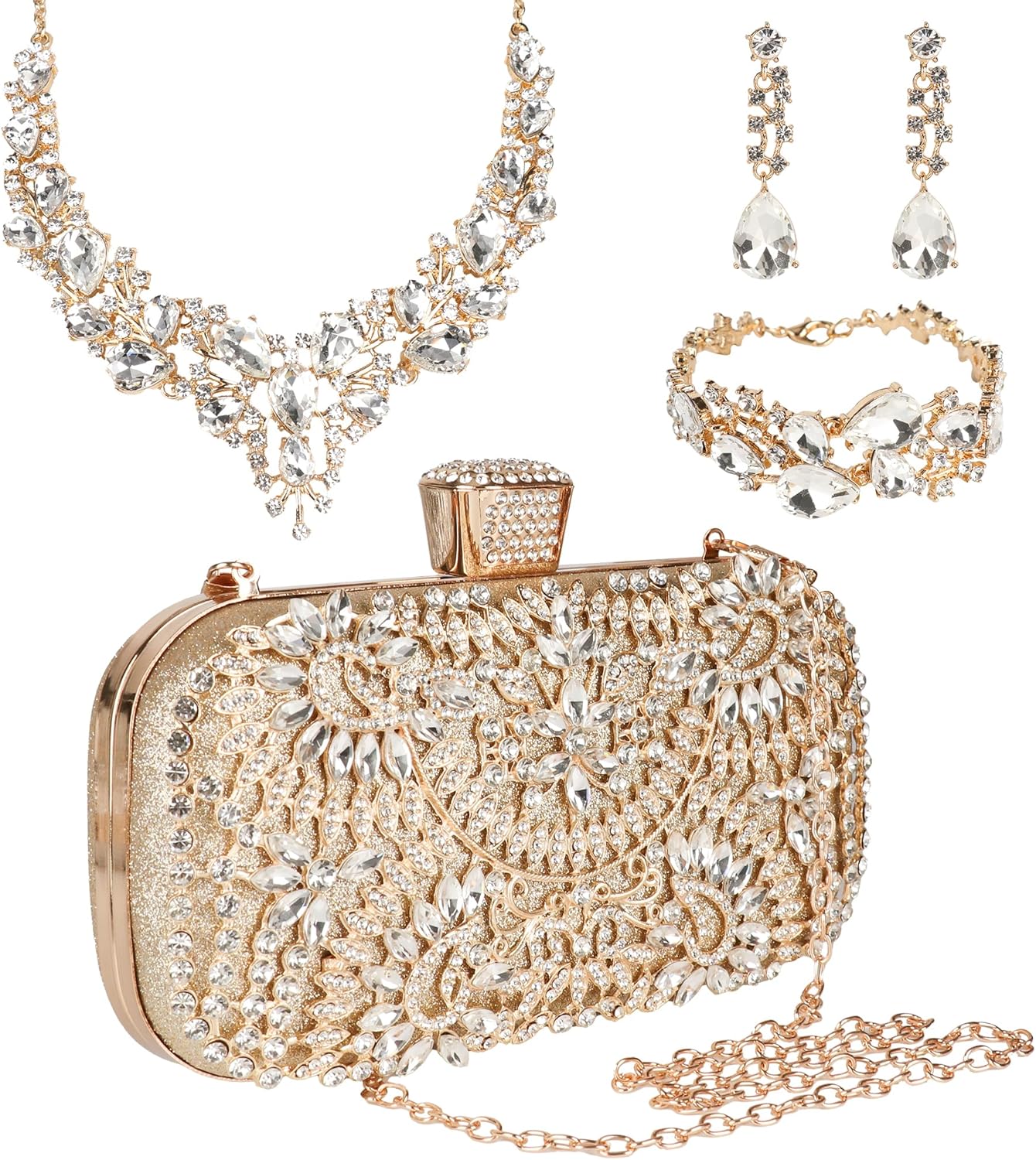 4 Pcs Rhinestone Purse Jewelry Set Sparkly Clutch Prom Accessories Necklace Earrings Bracelets for Bridal Wedding Party