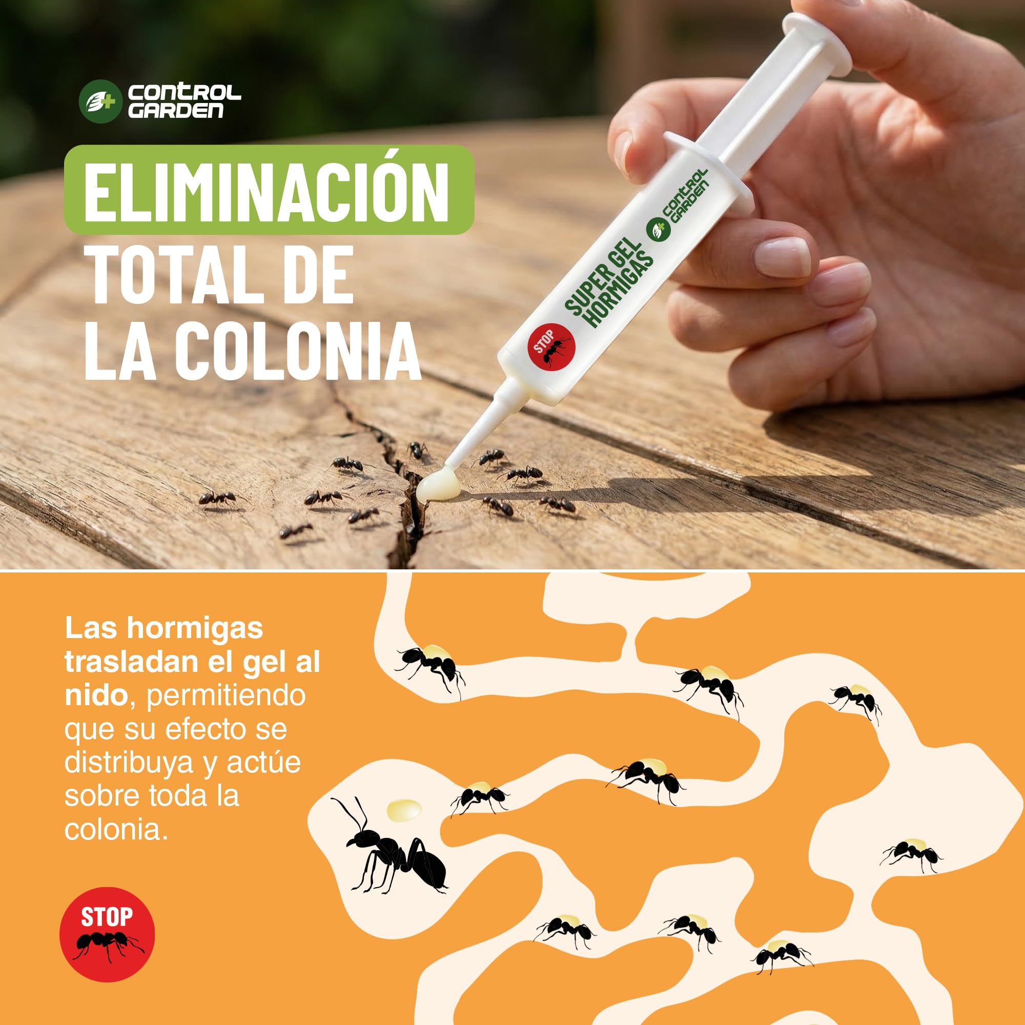 CONTROL GARDEN x3 Gel Antihormigas Jeringa 10gr | Cebo Insecticida Jeringuilla Elimina Hormigas Interior y Exterior | Eliminación Total Hormiguero | Mata Hormiga Reina y Nido | Formula Eficaz y Seguro