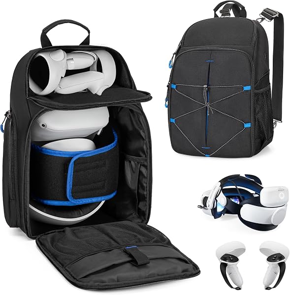 PGmoon Custodia da Trasporto Compatibile con Cinturino Oculus Meta Quest 2/Quest 3/Quest Pro/VR Elite/PSVR2, Zaino da Viaggio con Spazio Separato per Controller Touch e Multitasche-Design Brevettato - 1