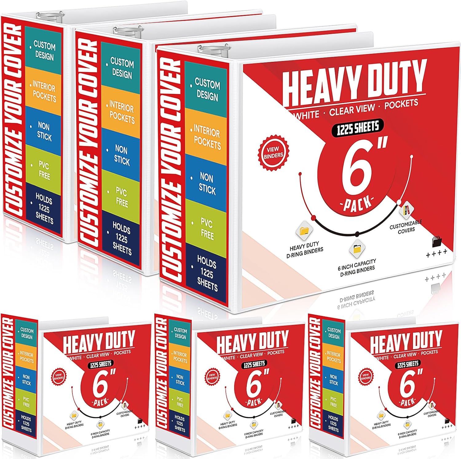 (INCOMPLETE, 3 BINDERS ONLY) 6 Pcs 3 Ring Binder, 6 Inch Large Capacity D Ring Binders with Pockets, 8.5" x 11" Presentation Folder View Binder with Customizable Clear Cover for Documents Files Projects (White)