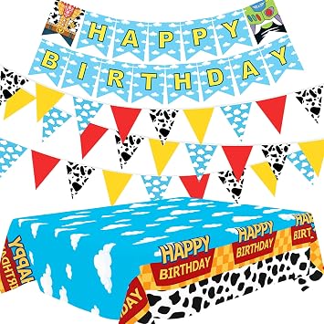 Cartoon Story Party Decorations Blue Sky White Cloud Tablecloths Cloud Cow Print Banner Flags Hanging Decorations for Birthday Baby Shower Cartoon Story Party Supplies