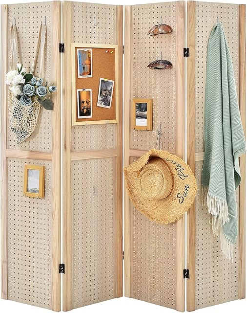 COSTWAY 4 Panel Folding Room Divider with Pegboard Display, Wooden Wall Privacy Screen Protector, Home Living Room Bedroom Hinged Paravent Partition Separator