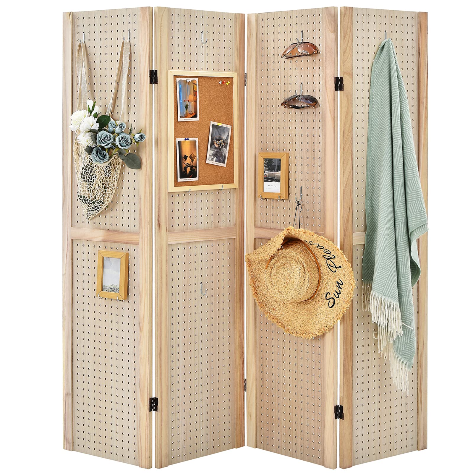 Buy COSTWAY 4 Panel Folding Room Divider with Pegboard Display, Wooden