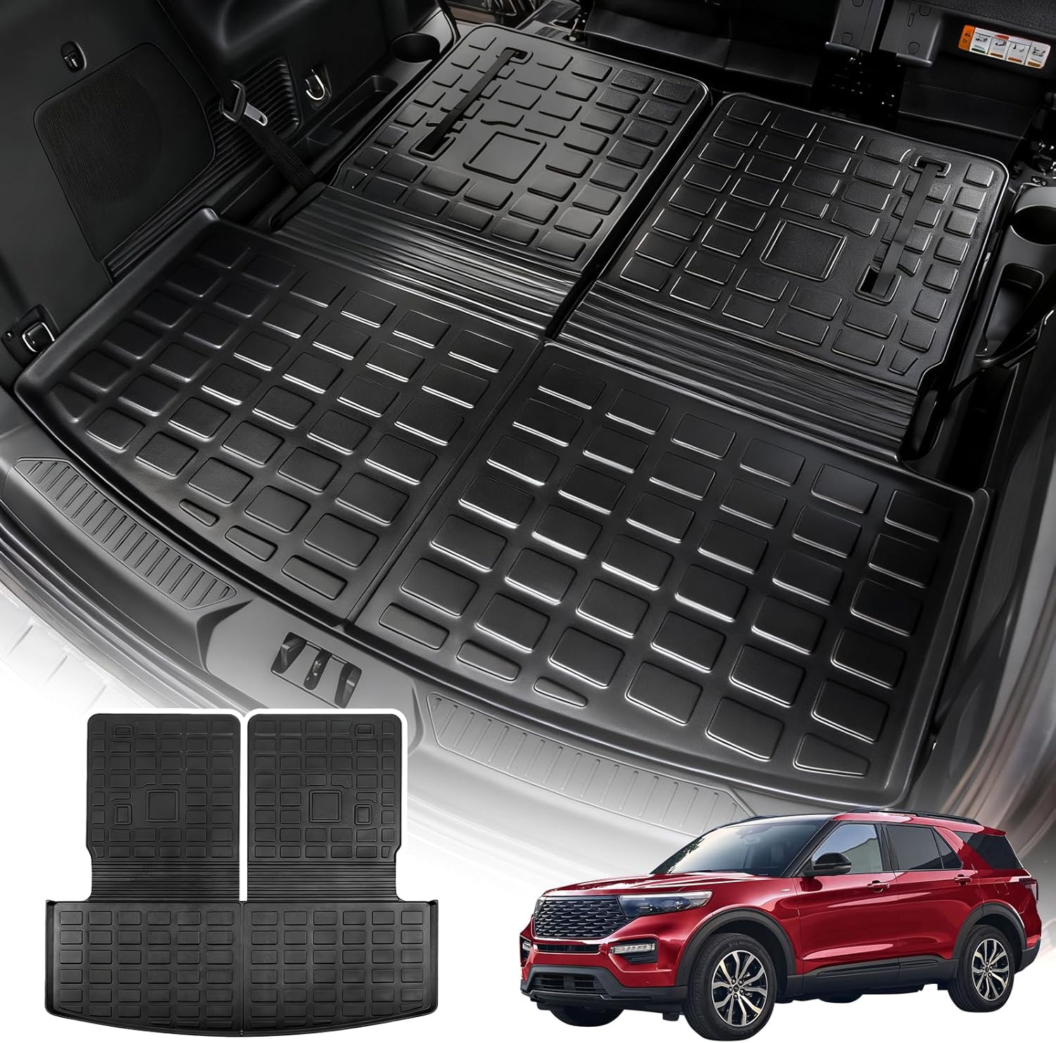 Cargo Mat Compatible with 2020-2025 2026 Ford Explorer TPE All Weather Trunk Mat Back Seat Cover Protector for 6&7 Passenger 2025 Explorer Accessories (Upgrade Trunk Mat with Backrest Mat)
