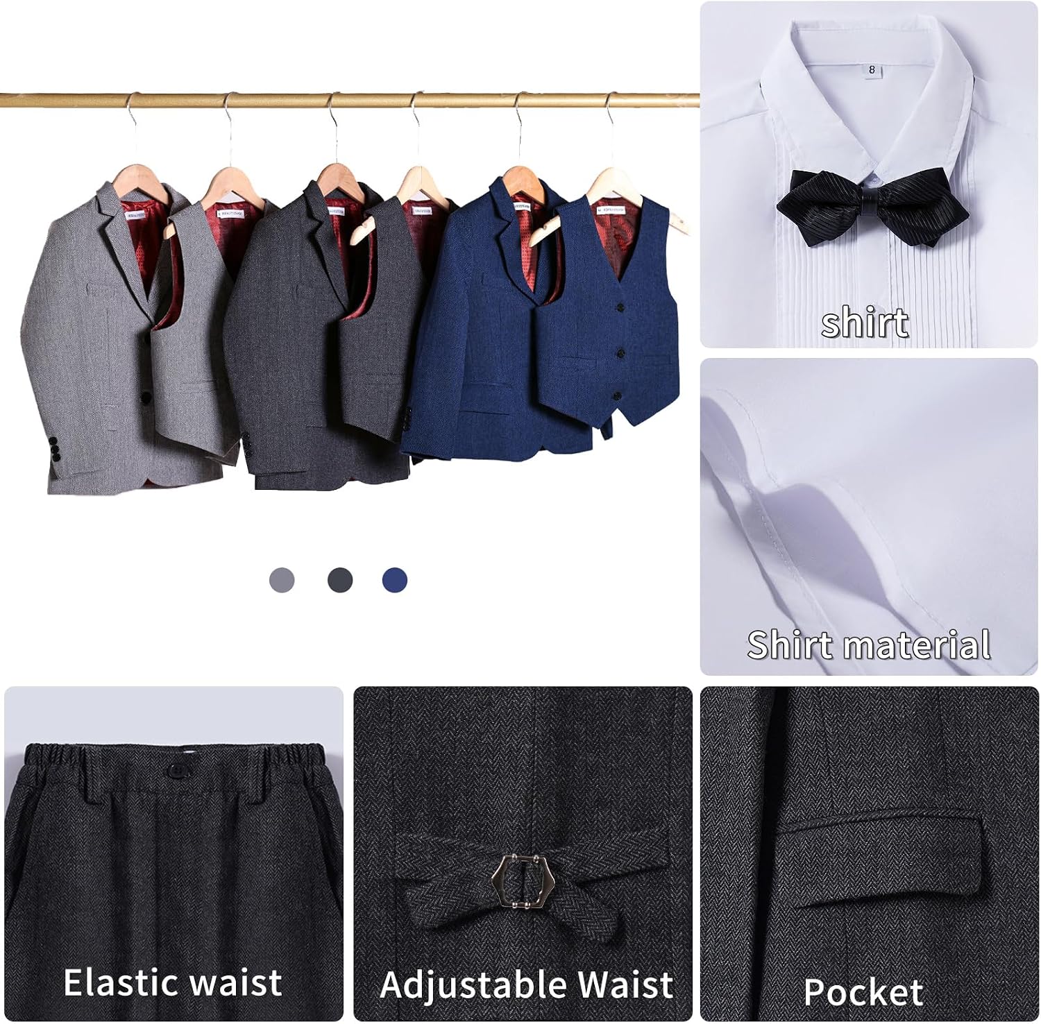 Boys Suit Slim Fit Suit for Boys 6 Piece Tweed Herringbone Formal Suits for Ring Bearer Toddler Boys Suit for Wedding Black