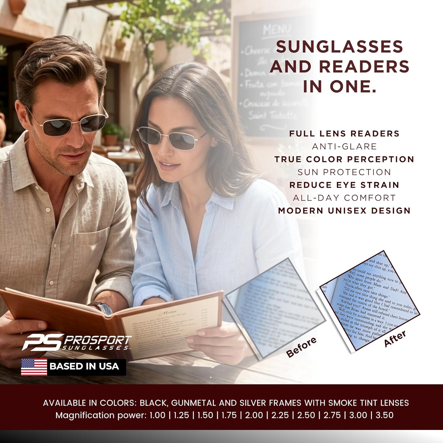 proSPORT Reading Sunglasses Full Lens Sun Readers for Men Women UV Protection Non-Bifocal Lightweight Metal Frame Smoke Lens