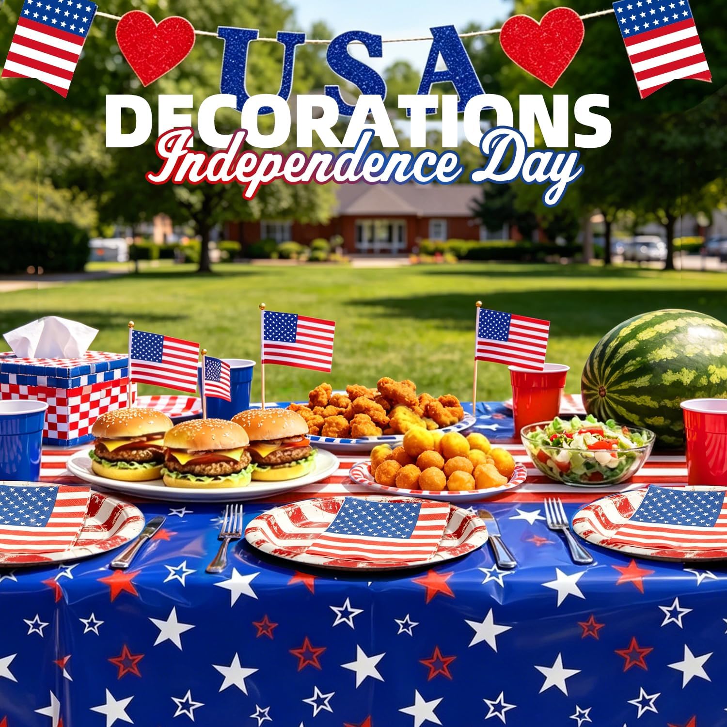 4th of July Decorations - Patriotic Party Supplies Set for 24 - Red White and Blue Tableware Kit with Plates, Napkins, Tablecloth and Glitter Banner for Independence & Election Day