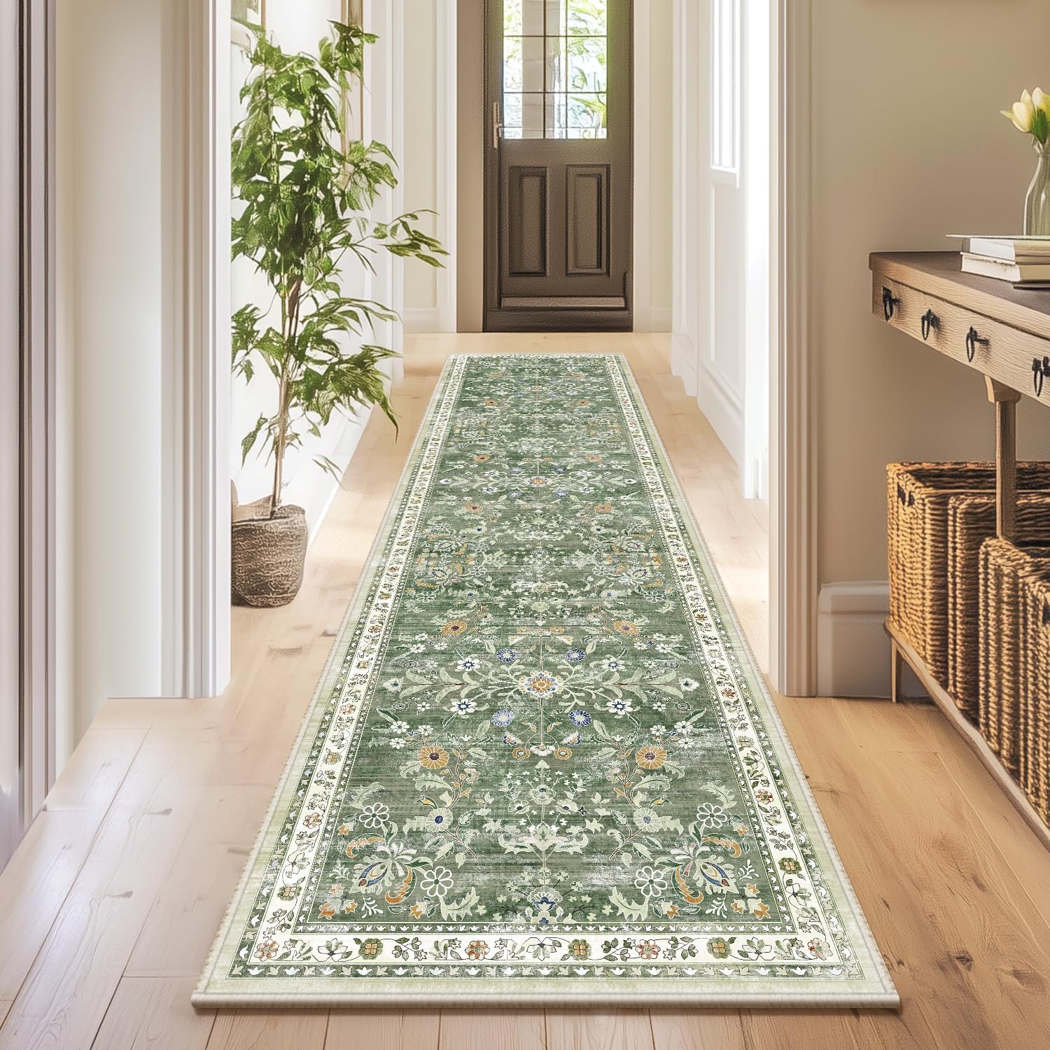 Yamaziot Washable Runner Rug 2x8 – Non Slip Boho Floral Hallway Runner Rug with Rubber Backing, Low Pile Wool Distressed Carpet for Kitchen, Laundry, Bedroom, Entrance, Mottled Green