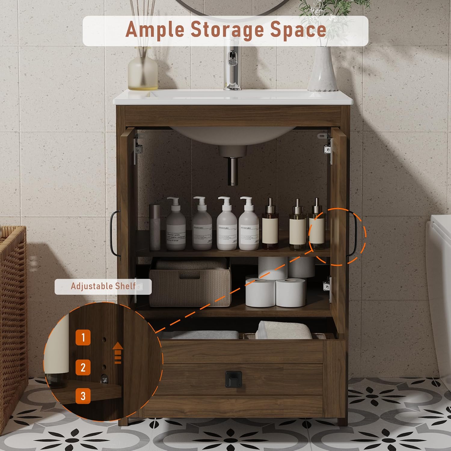 24" Farmhouse Bathroom Vanity Without Sink, Freestanding Vanity for Bathrooms (Brown, 24")