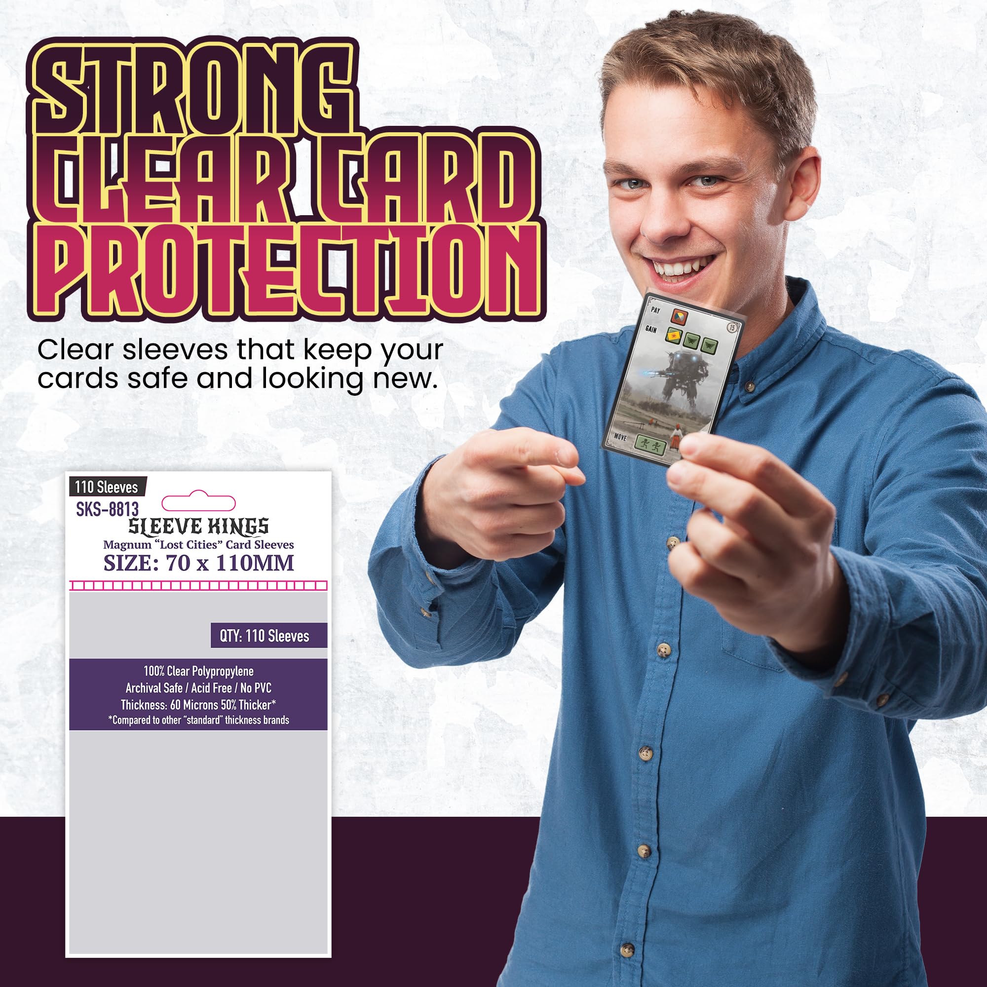 Amazon.com: Sleeve Kings Standard Card Sleeves – 110 Count, Clear 60 Micron  Thickness, Large Size (70 x 110 mm), Compatible with Scythe & More – SKU:  SKS-8813 : Toys & Games