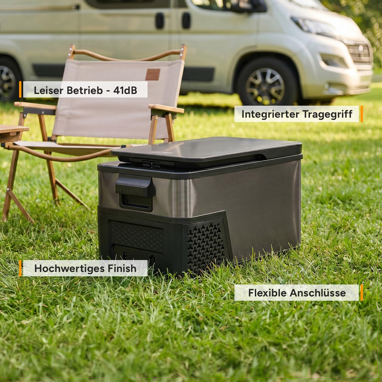 TZS First Austria Kompressor-Kühlbox 21L - bis -20°C - 46 dB - 12V 24V 230V - Anti-Fingerprint - für Auto Camping Reise - Dark Steel