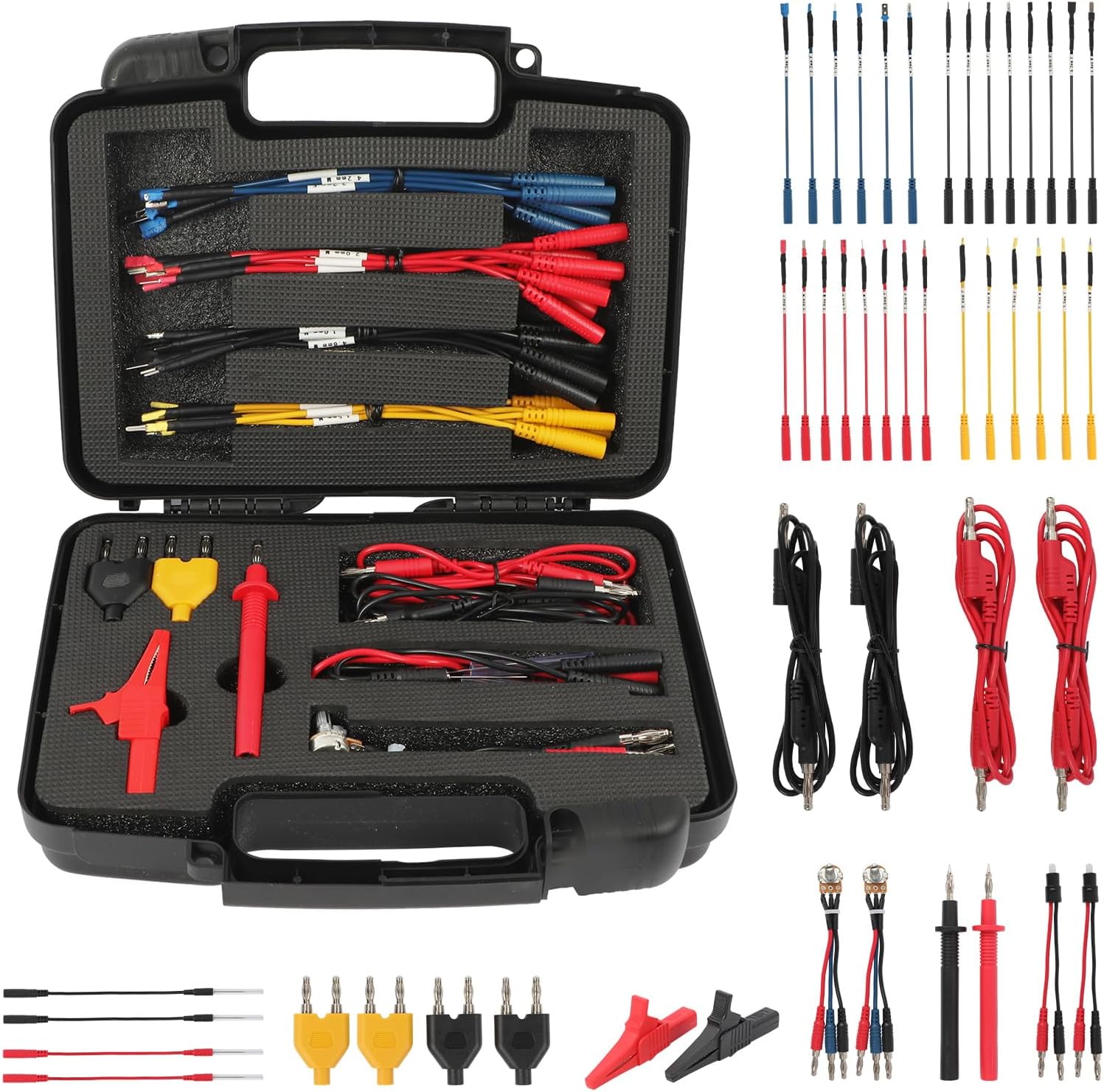AUTOOL 48PCS Silicone Multimeter Test Leads Kit with Replaceable Wire Piercing Probes,Alligator Clips,32A/1000V Test Hook Clips,Banana Plug Connectors,Jumpers,Test Tweezer