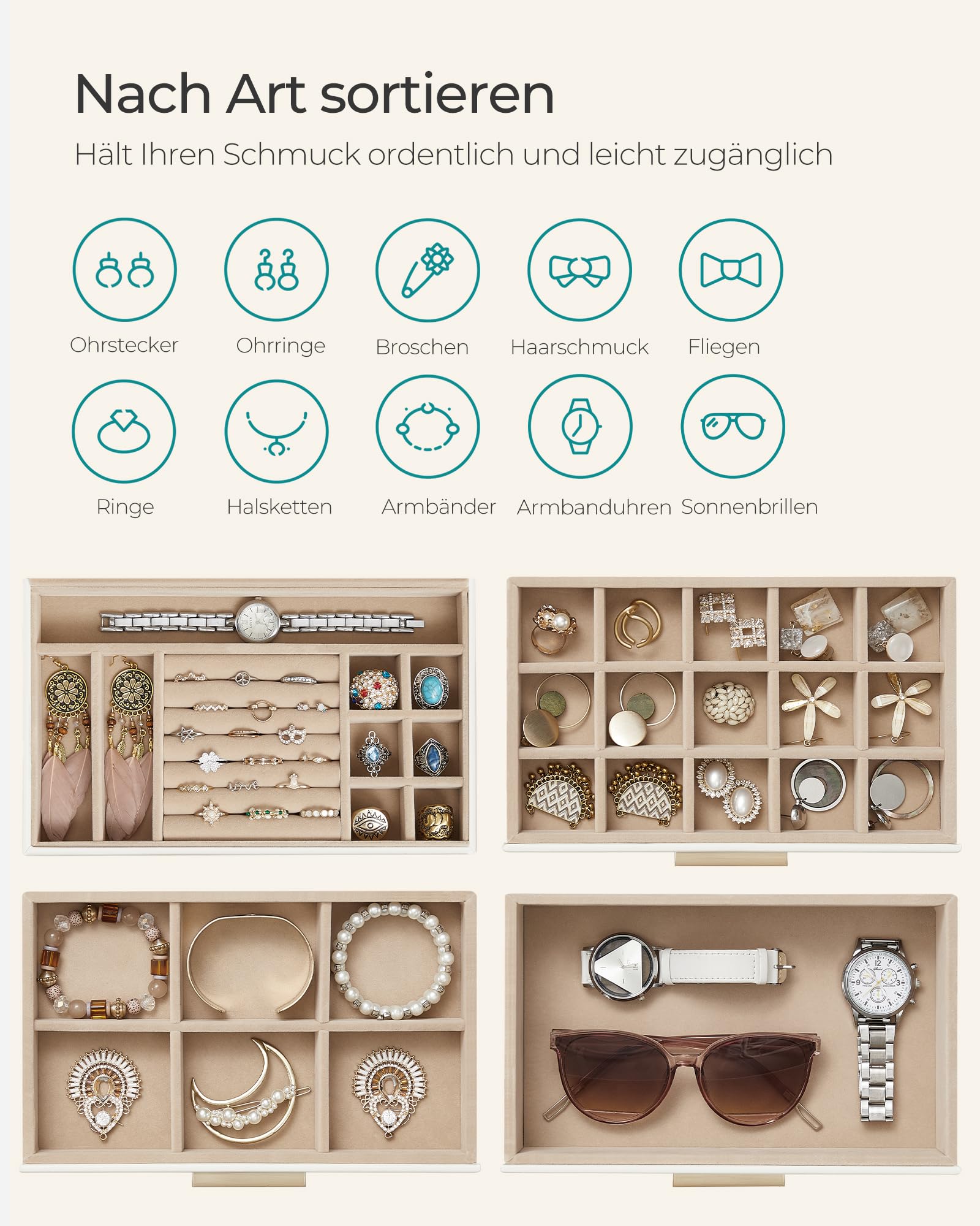 SONGMICS GISELLA Kollektion - Schmuckkästchen, Schmuckkasten mit 4 Ebenen, Schmuckbox mit Glasdeckel, 3 Schubladen, für Sonnenbrillen, Schmuckaufbewahrung, modern, wolkenweiß-golden JBC161W01
