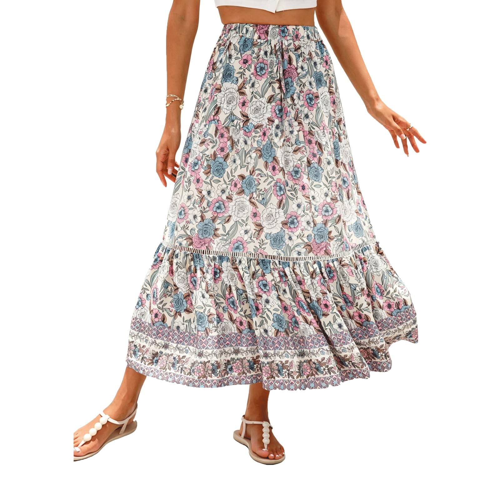 DUddTTW Patchwork Women's Maxi Skirts High Tie Waisted Ankle Length Skirt Print(Apricot,Lagre)