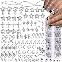 92pcs Star Nail Charms, 1 Box Silver Nail Pearls for Crafting Flat Back, Y2K Silver Metal Planet Cross for Acrylic Nail Art Rhinestones Dangling Star Nail Chains Cute Gems Manicure Decorations Bulk