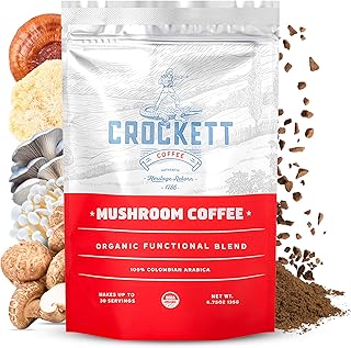 Crockett Coffee Organic Mushroom Coffee with MCT Oil | Antioxidant Rich Functional Blend of 7 Organic Mushrooms for Clear Focus, Gut Health & Clean Energy | Bold American Made Flavor, 30 Servings