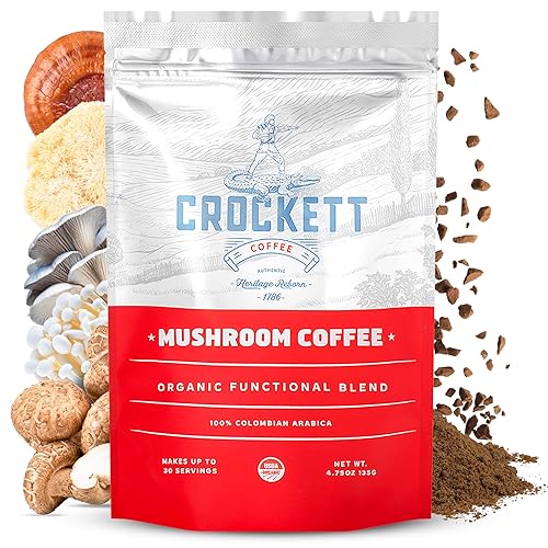 Crockett Coffee Café orgánico de hongos con aceite MCT, mezcla funcional rica en antioxidantes de 7 hongos orgánicos para un enfoque claro, salud