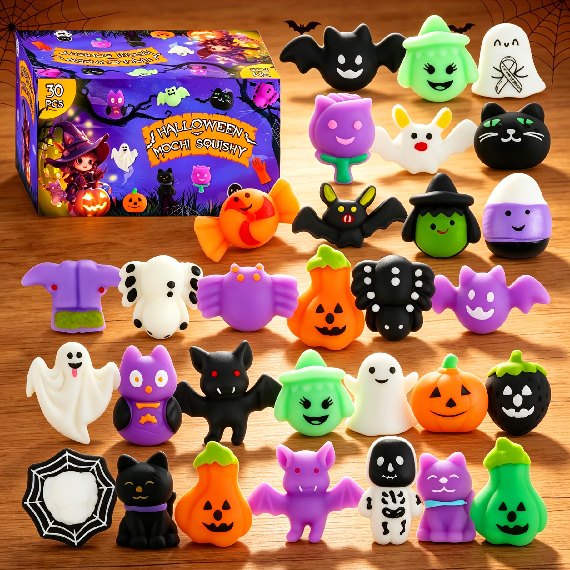 30 Pack Halloween Mochi Squishy Toys, Mini Squishies Halloween Toys Gifts Party Supplies for Kids, Squishy Goodie Bag Stuffers,Halloween Treat Bag Classroom Prizes for Kids
