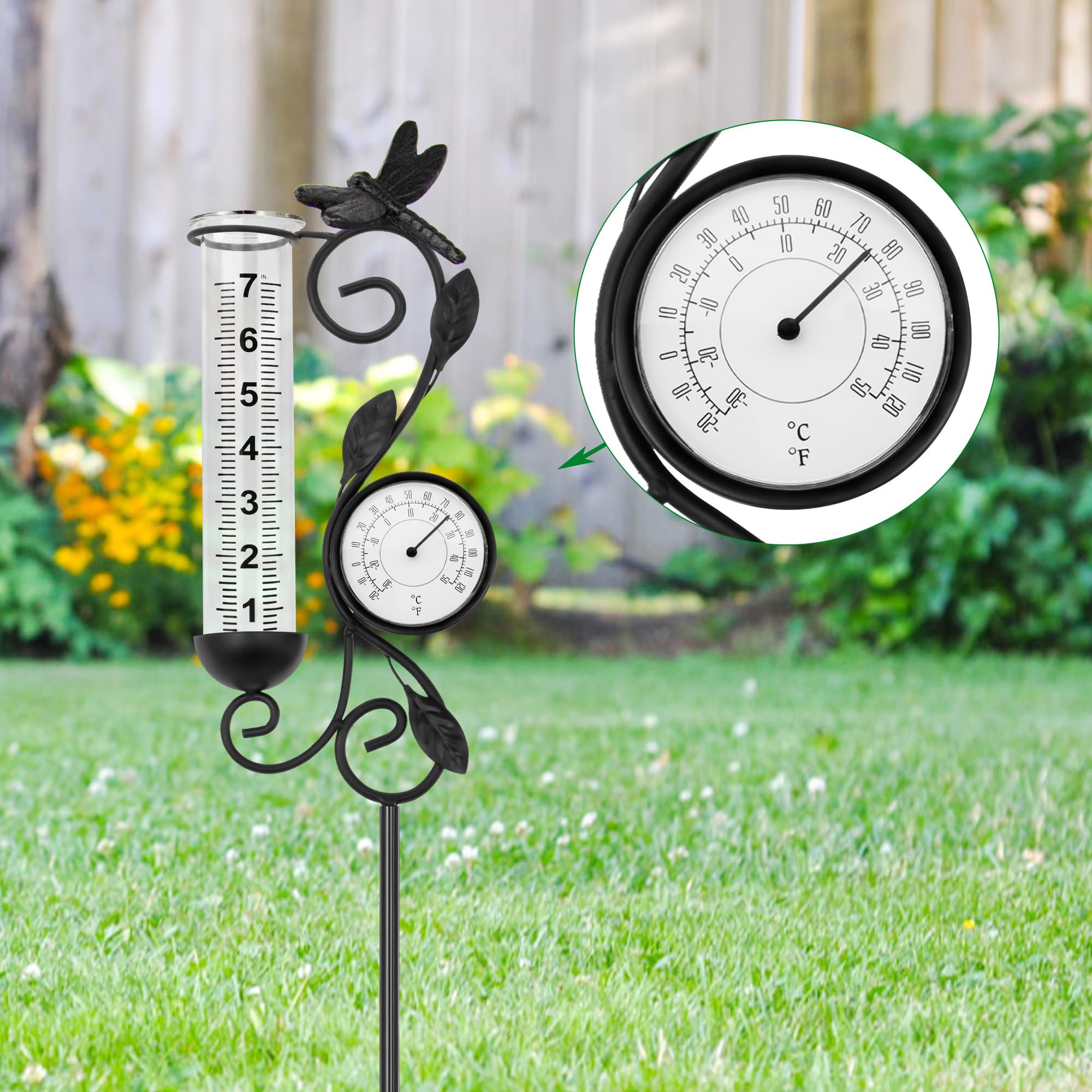 Pluviometro da giardino con termometro, paletto decorativo in metallo, motivo libellula, nero