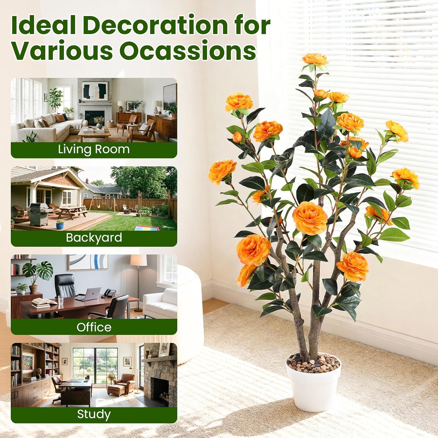 Artificial Camellia Tree 3ft, 2pack Indoor Fake Plant with Realistic Trunk, Leaves, Flowers and White Planter, Faux Potted Tree for Home Decor and Housewarming Gift - Image 5