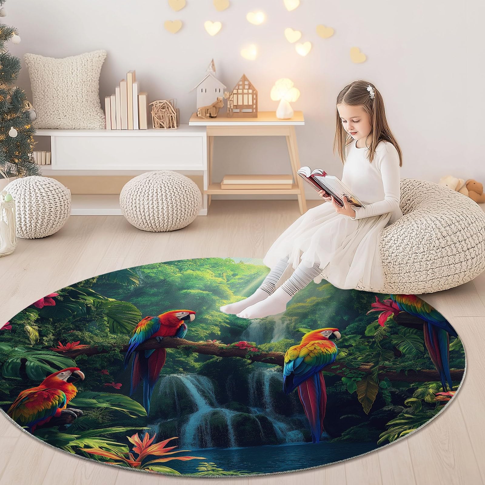 Generisch Teppiche für Wohnzimmer Rund, Natur Dschungel Vögel Drucken Teppich Schlafzimmer Groß Flanell Flauschig Weich rutschfest Fußmatte Waschbar für Kinderzimmer, Durchmesser 120 cm, Grün