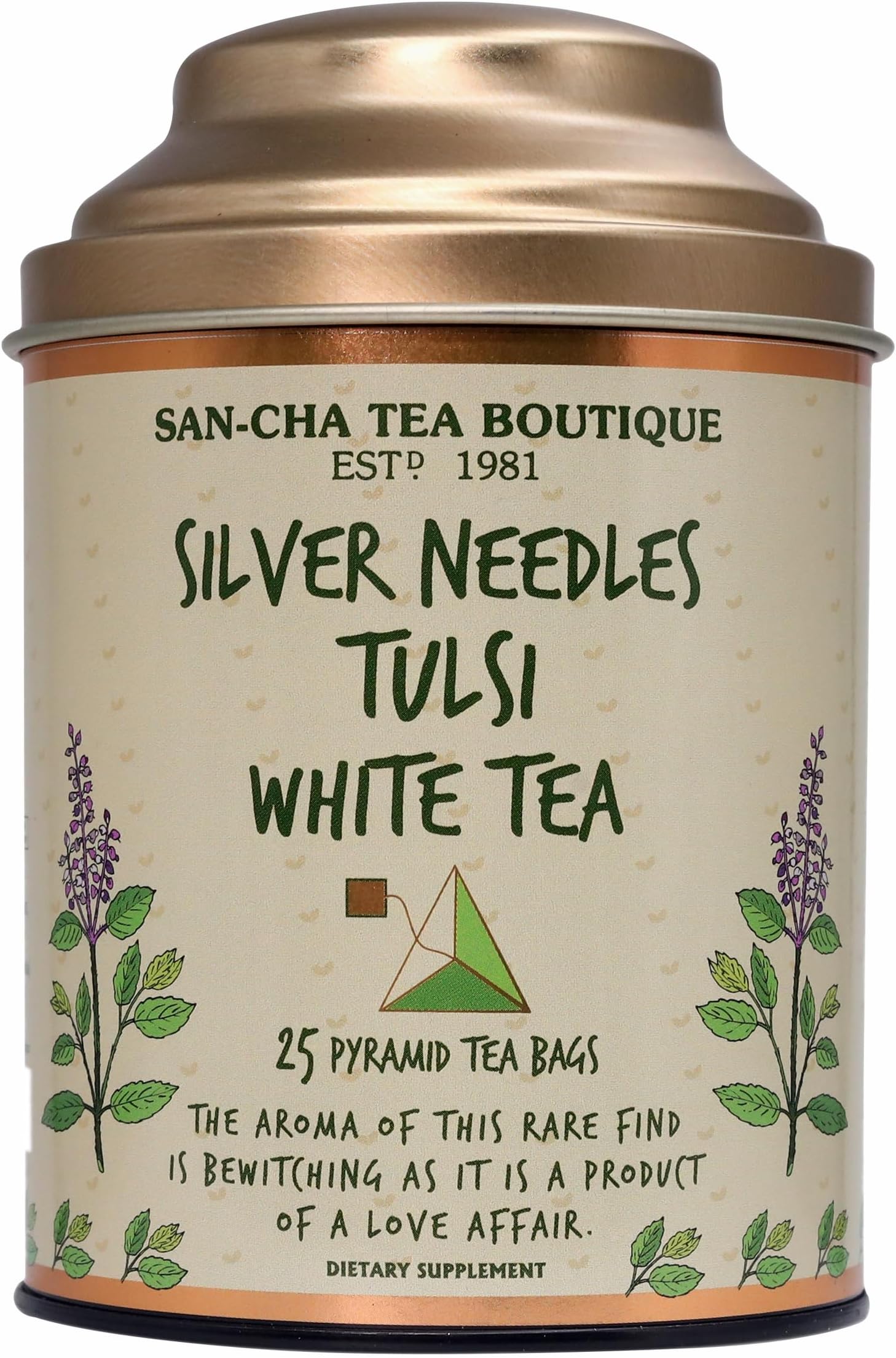 Sancha Tulsi White Tea | 25 Pyramid Bags | Silver Needle White Tea with Pure Tulsi Leaves | Delicate Herbal & Citrus Notes
