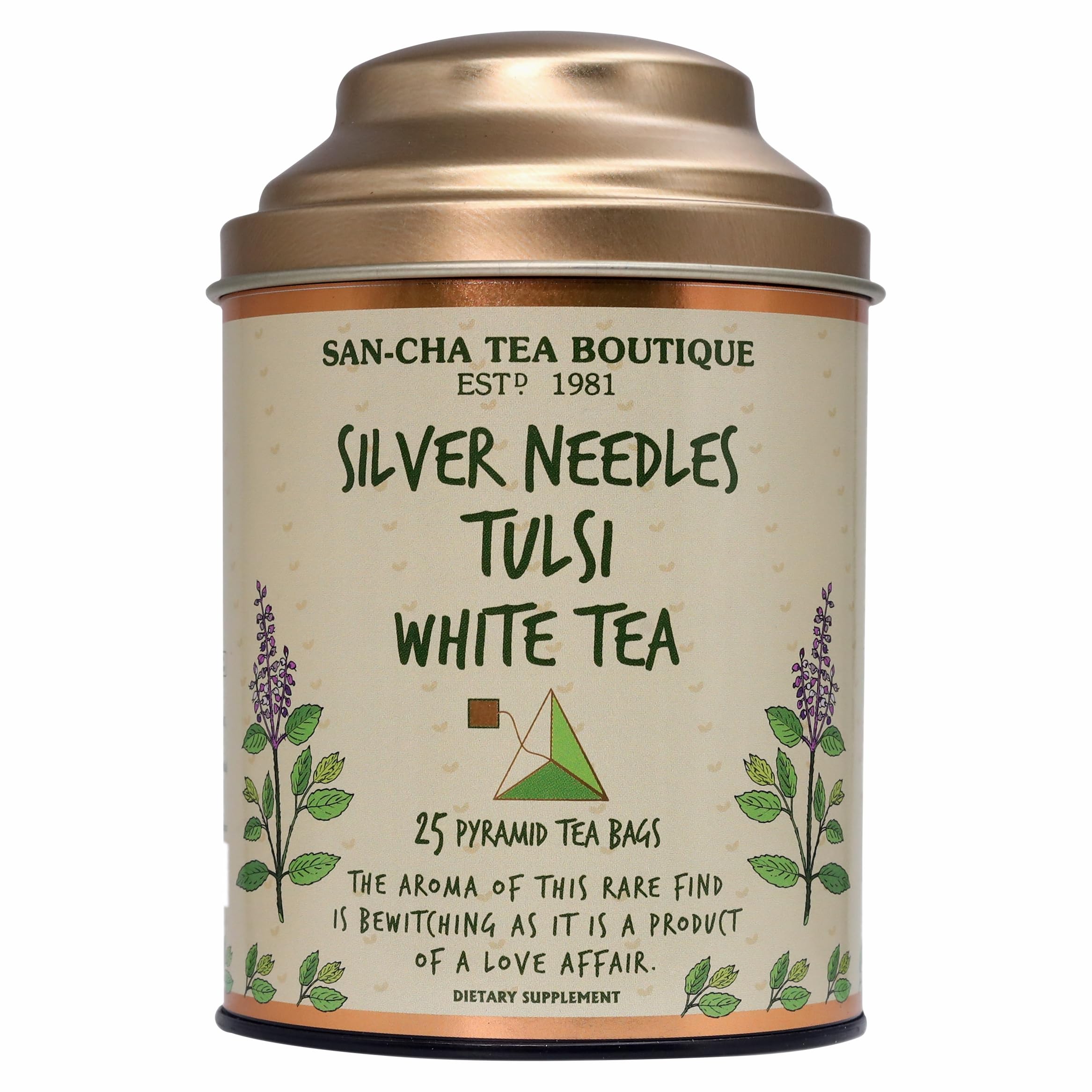 Sancha Tea Boutique, Tulsi White Tea, 25 Pyramid Tea Bags, Silver Needle White Tea with Pure Tulsi Leaves, Delicate Herbal & Citrus Notes