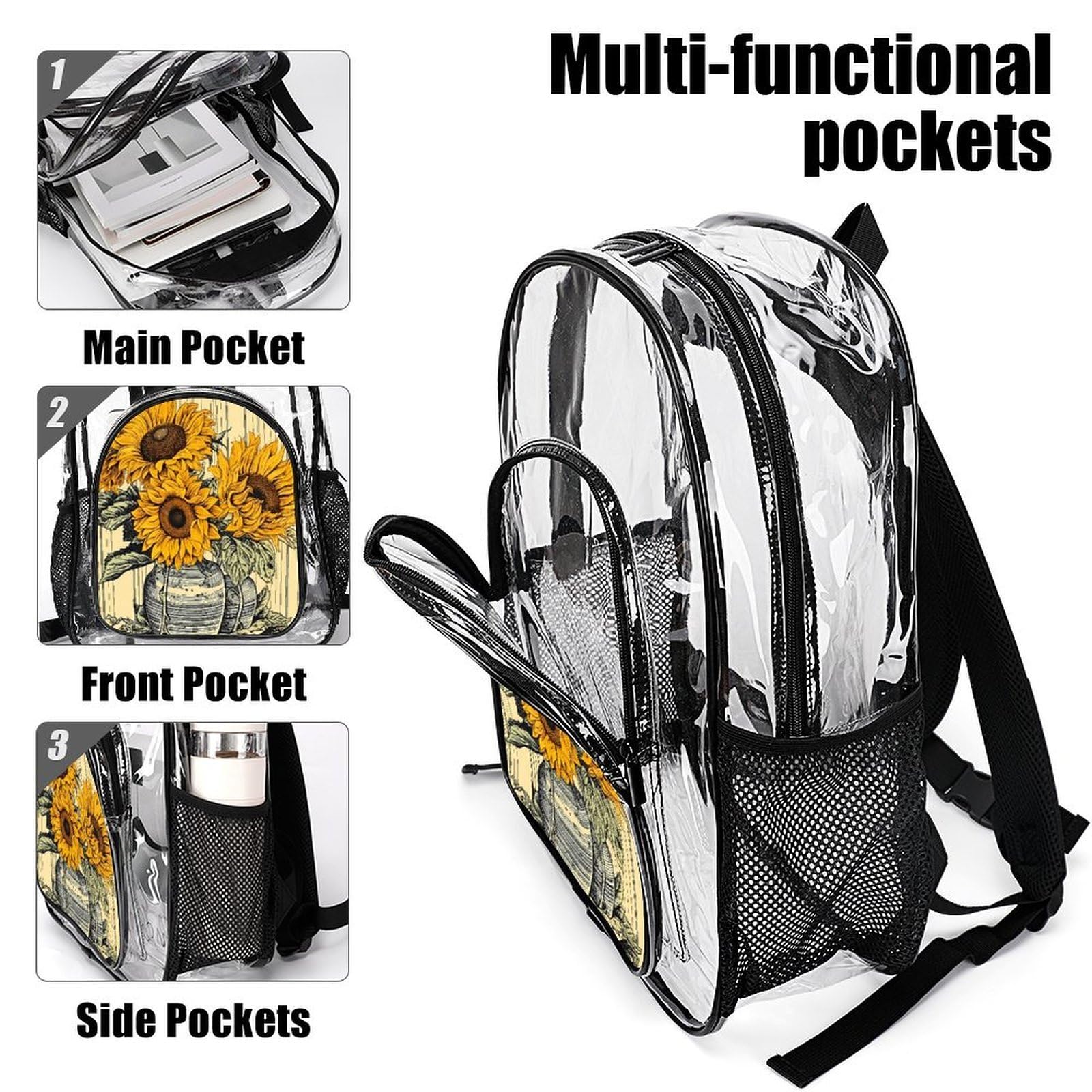 Transparenter Rucksack mit Sonnenblumenmuster, groß, transparent, PVC, Büchertasche für Sicherheit, Arbeit, Reisen, Stadion