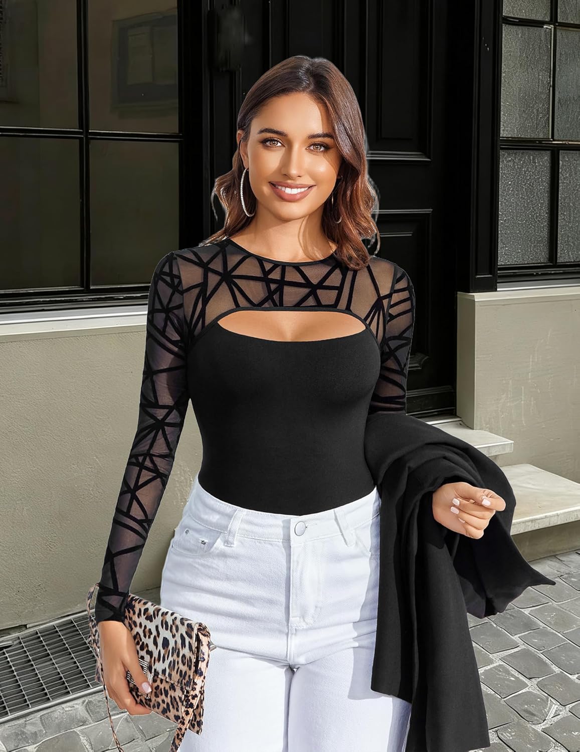 Avidlove Bodysuits for Women Round Neck Shapewear Bodysuit Long Sleeve Bodysuit Sexy Mesh Top Double Lined Cutout Shirt - Image 5