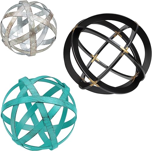 Everydecor Esfera decorativa bandas de metal azul envejecido de 45 pulgadas y bandas de metal galvanizado envejecido de 4 pulgadas y esfera de