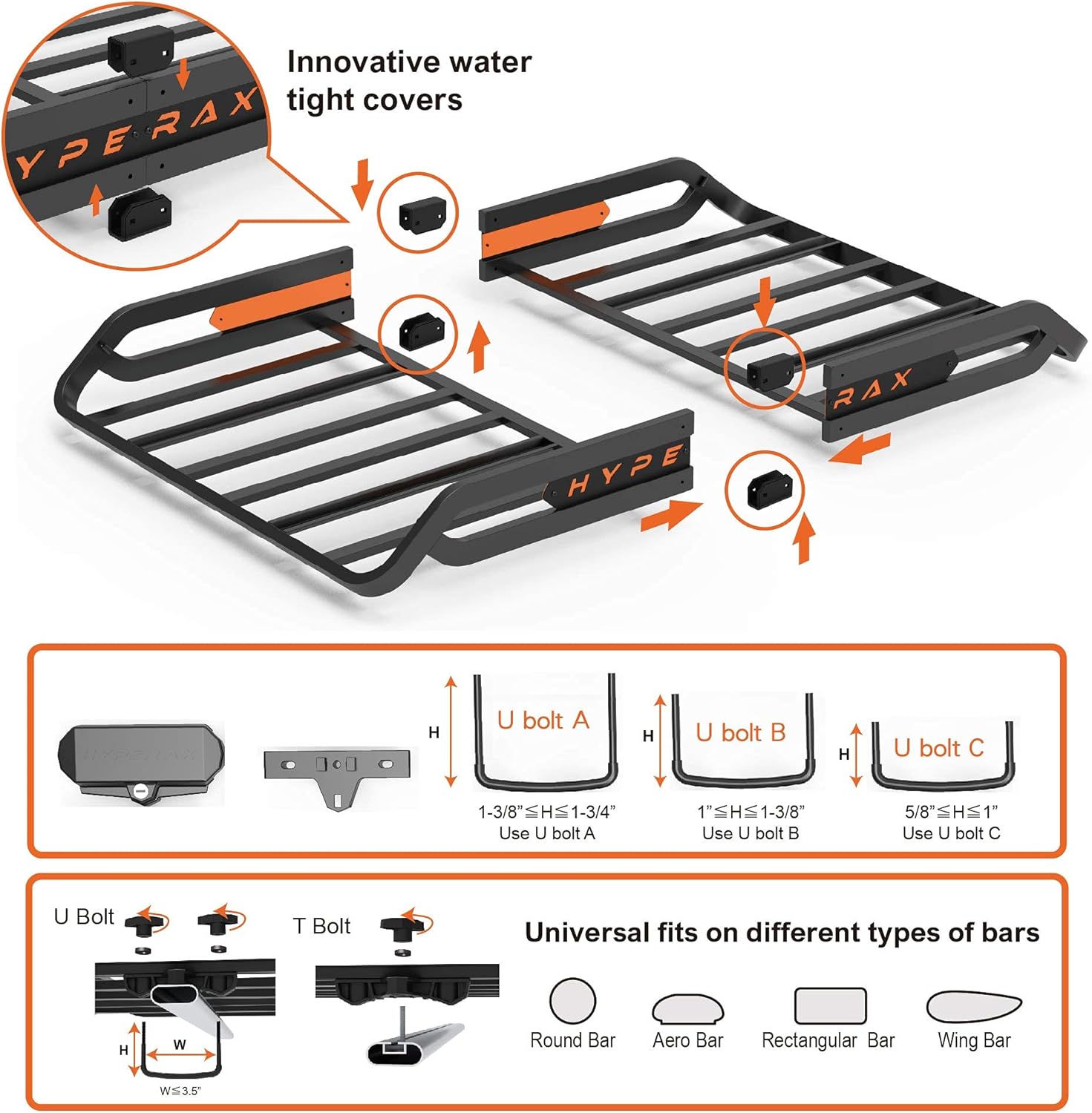 HYPERAX Iridium M Steel Cargo Roof Rack Kayak Carrier- 50 x 37.5 x 6.5” 200lb Max Load Cargo Net, Wind Fairing, and Lock for Roof Bar Included- Heavy Duty Rooftop Cargo Basket (Medium) : Automotive