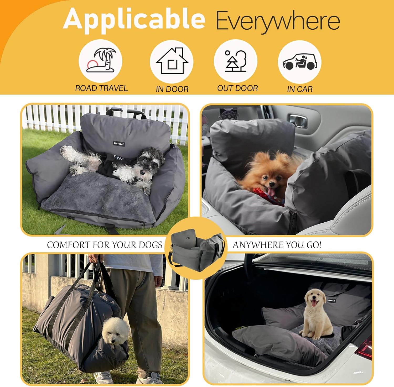 4-in-1 Dog Car Seat, Convertible Pet Booster Seat for Small Medium Dogs Up to 25lbs, Portable Travel Bed Sofa Pad with Safety Strap & Foldable Storage for Car Home Use