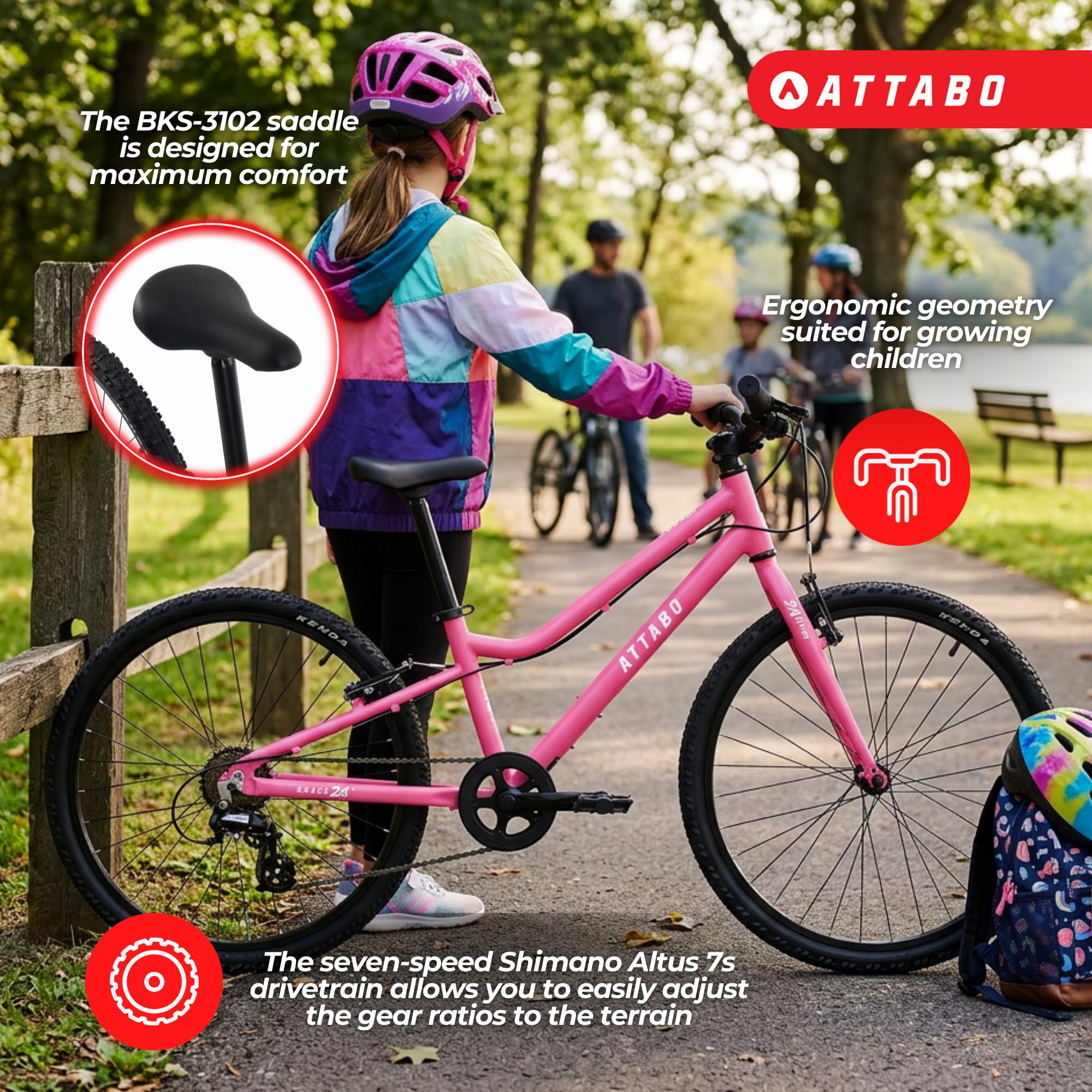 ATTABO Knack 24 - Bicicletta per bambini (7-11 anni) con telaio in alluminio leggero (solo 10 kg), ruote da 24", forcella in acciaio, per 120-145 cm, manubrio ergonomico ideale per escursioni e tempo