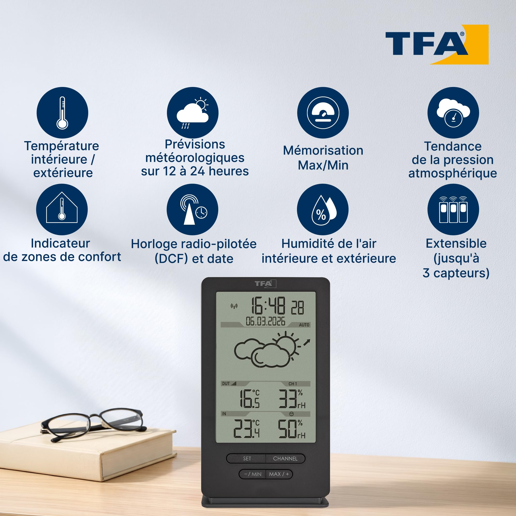 TFA Dostmann Station météo sans fil Xena, 35.1162.10, température et humidité int./ext., avec prévisions météo, humidité dans maison, anthracite - 4