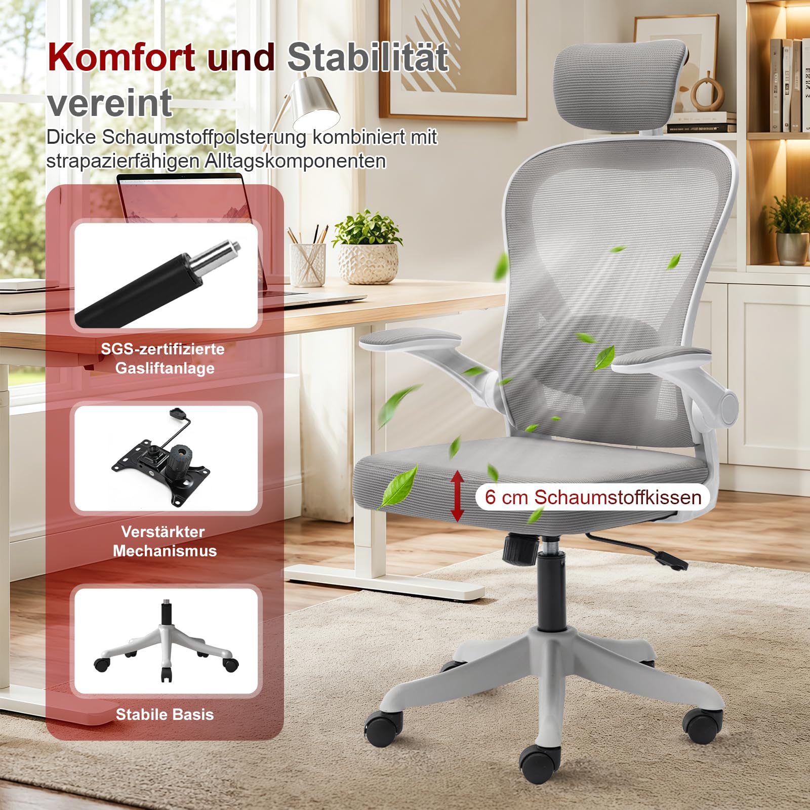 Ergonomischer Bürostuhl für Homeoffice, Schreibtischstuhl mit Verstellbarer Lendenstütze & Kopfstütze, Netzstuhl mit klappbaren Armlehnen, Computerstuhl für Büro, Lernen und Gaming, Grau
