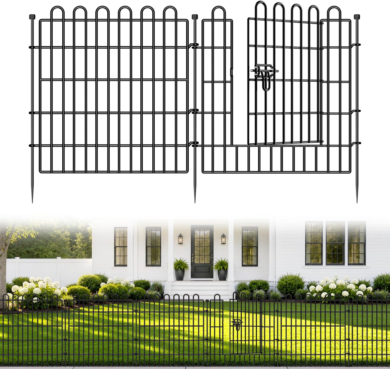 Garden Fence Outdoor for Yard with Gate, 24in x 20ft, 10 Panels | No Dig Decorative Animal Barrier Fencing for Dogs, Heavy-duty Rustproof Metal Temporary Fencing for Patio, Pet and Flower Bed