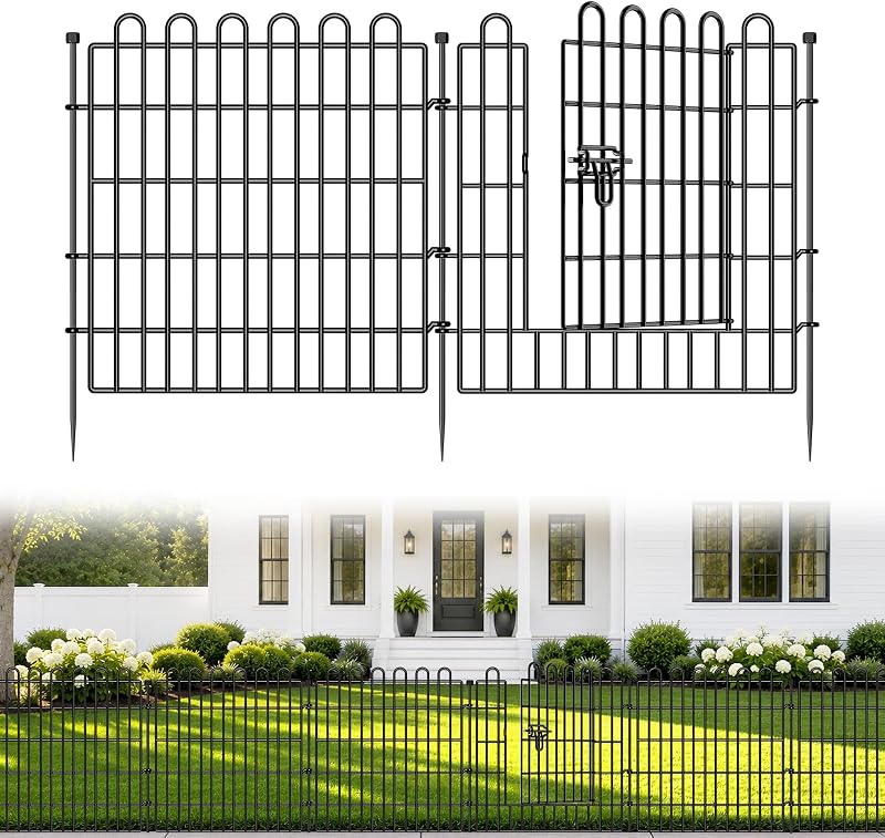 Valla de jardín al aire libre para patio con puerta, 24 pulgadas x 20 pies, 10 paneles | Cercado de barrera decorativa para animales para perros, cercado temporal de Metal resistente al óxido para Patio, mascotas y macizos de flores, sin excavación