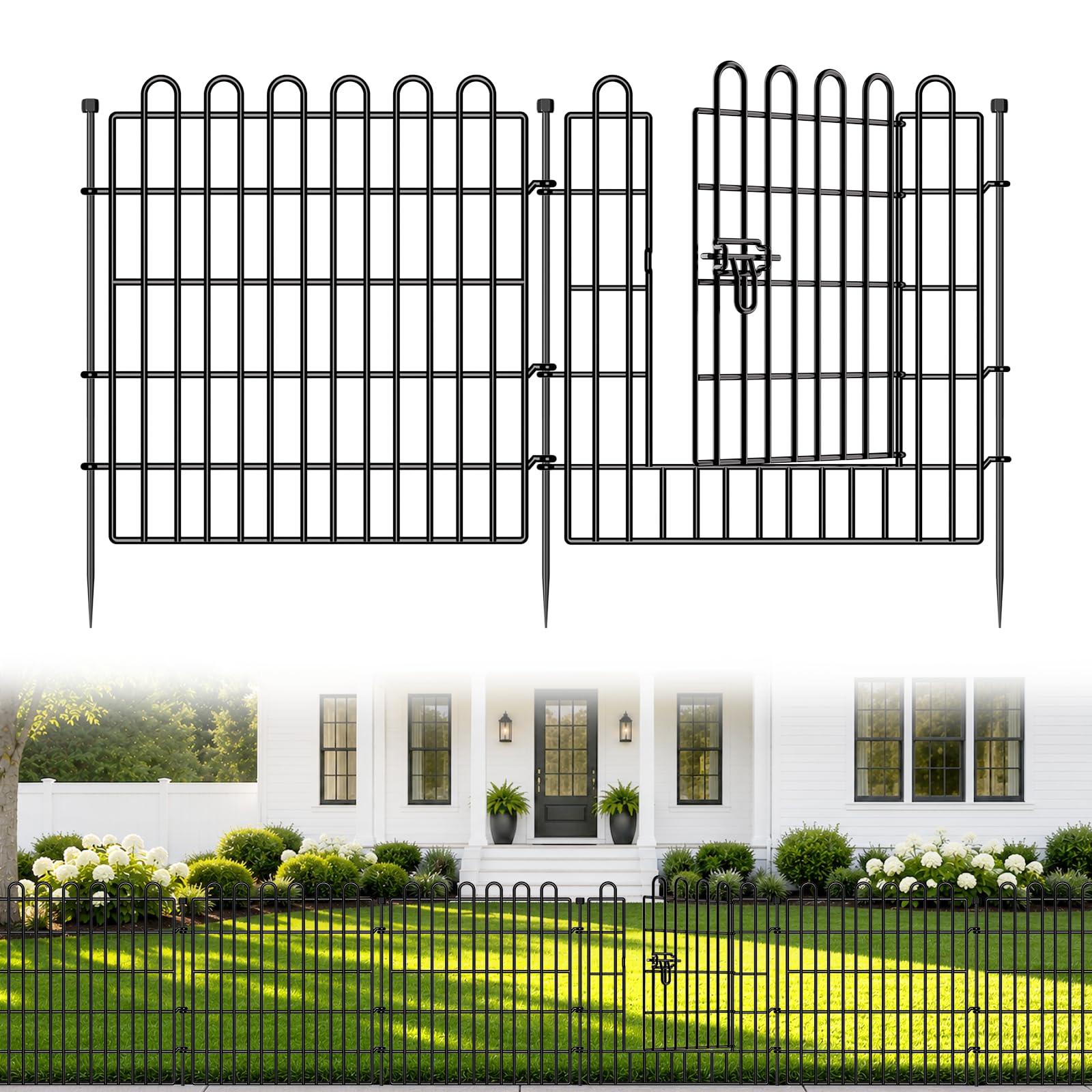 CLEASO black metal garden fence panels with a gate section
