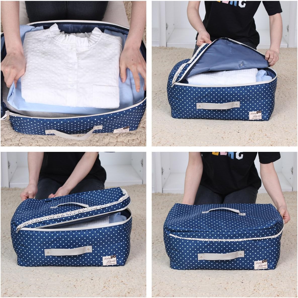6 size Fluffy touch Comfortable clean Three-layer fabric storage bag quilt bedding Duvet soft streth box cloth case chest closet Cute fancy (Dot-navy, S 16.2×10.6×8.3"(for summer cloth;easy carry))