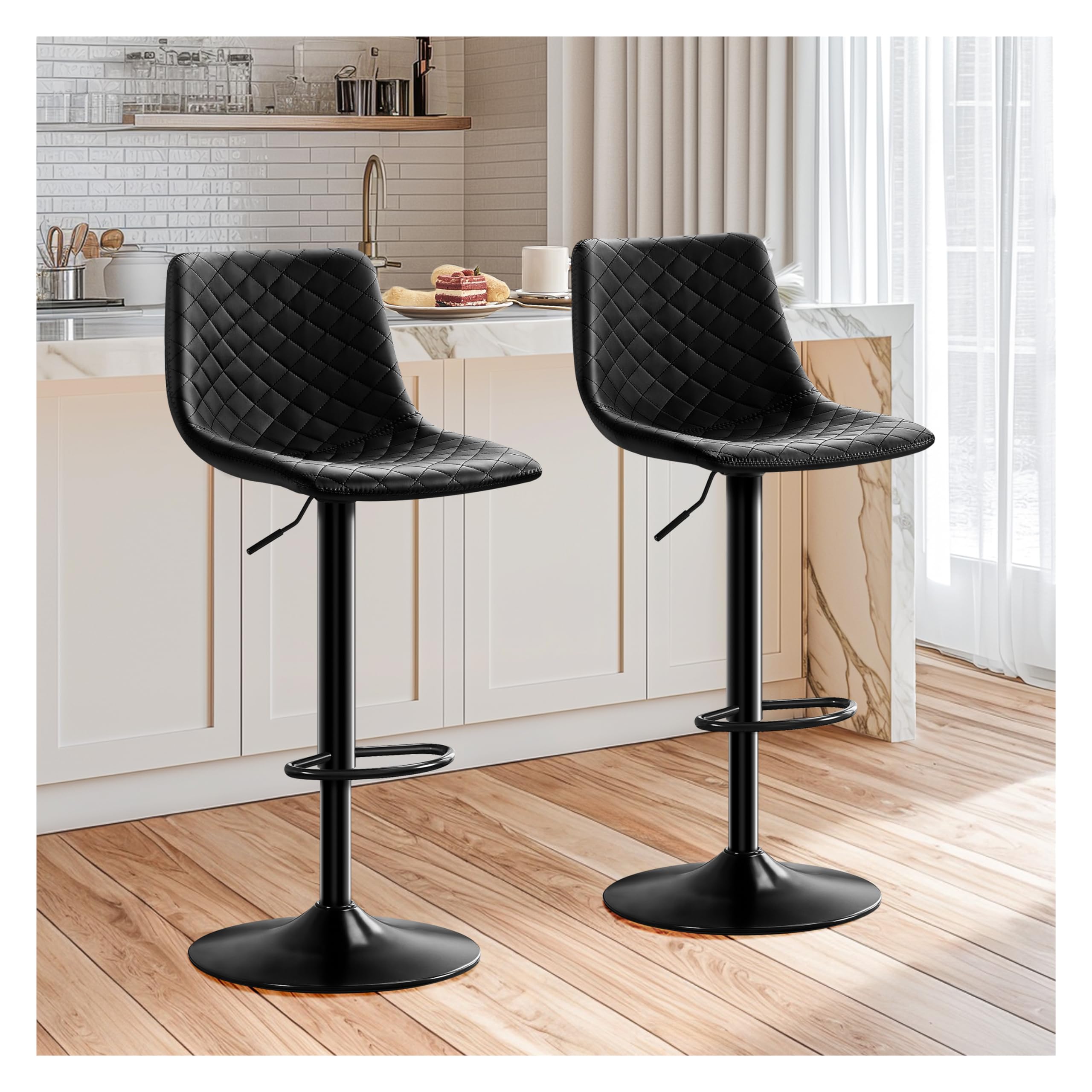 STOOLINK Barhocker 2er Set Höhenverstellbar Barstuhl mit Mikrofaser-Leder, Tresenhocker für Lobby 360° Drehbar Bistrohocker mit Lehne für Wohnzimmer, Esszimmer, Küche-Schwarz
