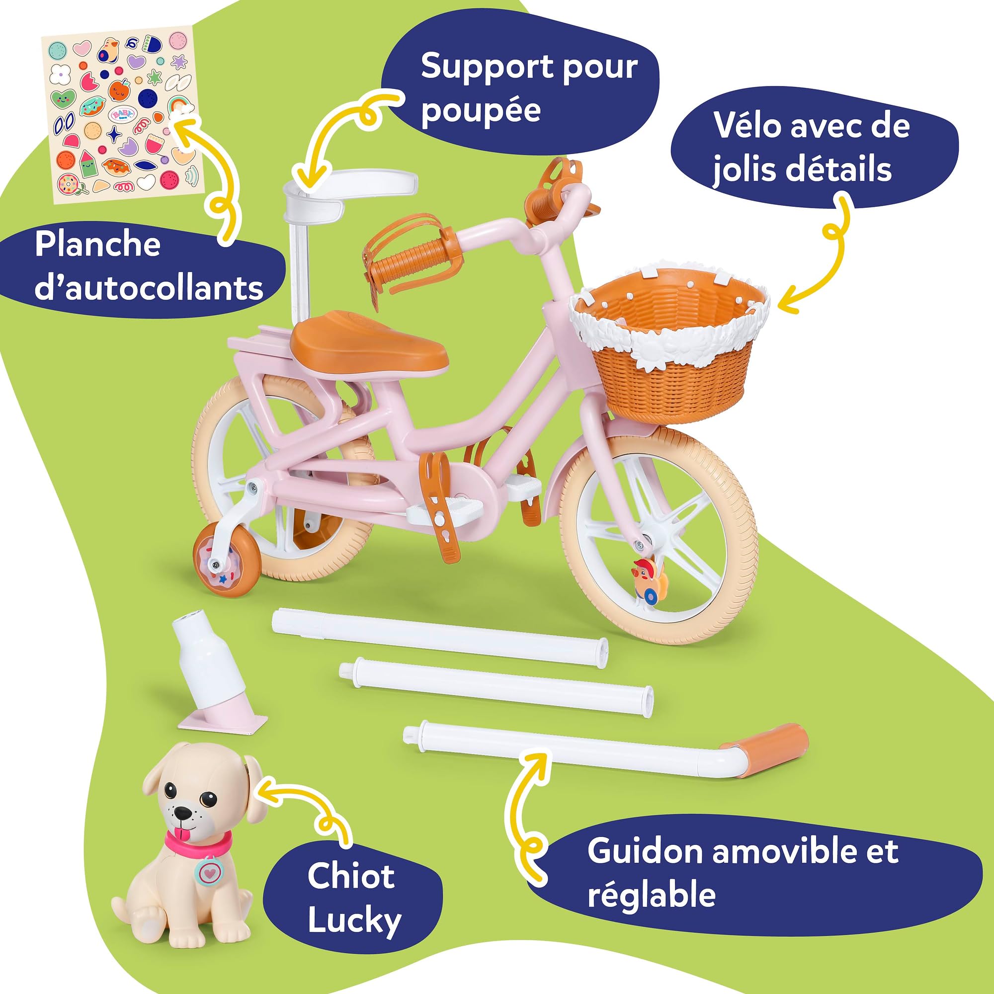 BABY born Vélo avec Lucky, vélo pour poupée avec Panier, Guidon et Autocollants