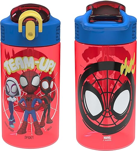 Zak Designs Marvel Spider Man - Botella de agua para niños con cubierta de boquilla y aro de transporte, hecha de plástico duradero, diseño de