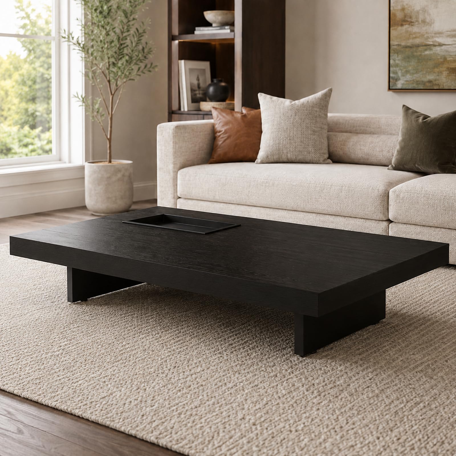 Table basse en noyer noir massif à patins réglables pour stabiliser votre salon
