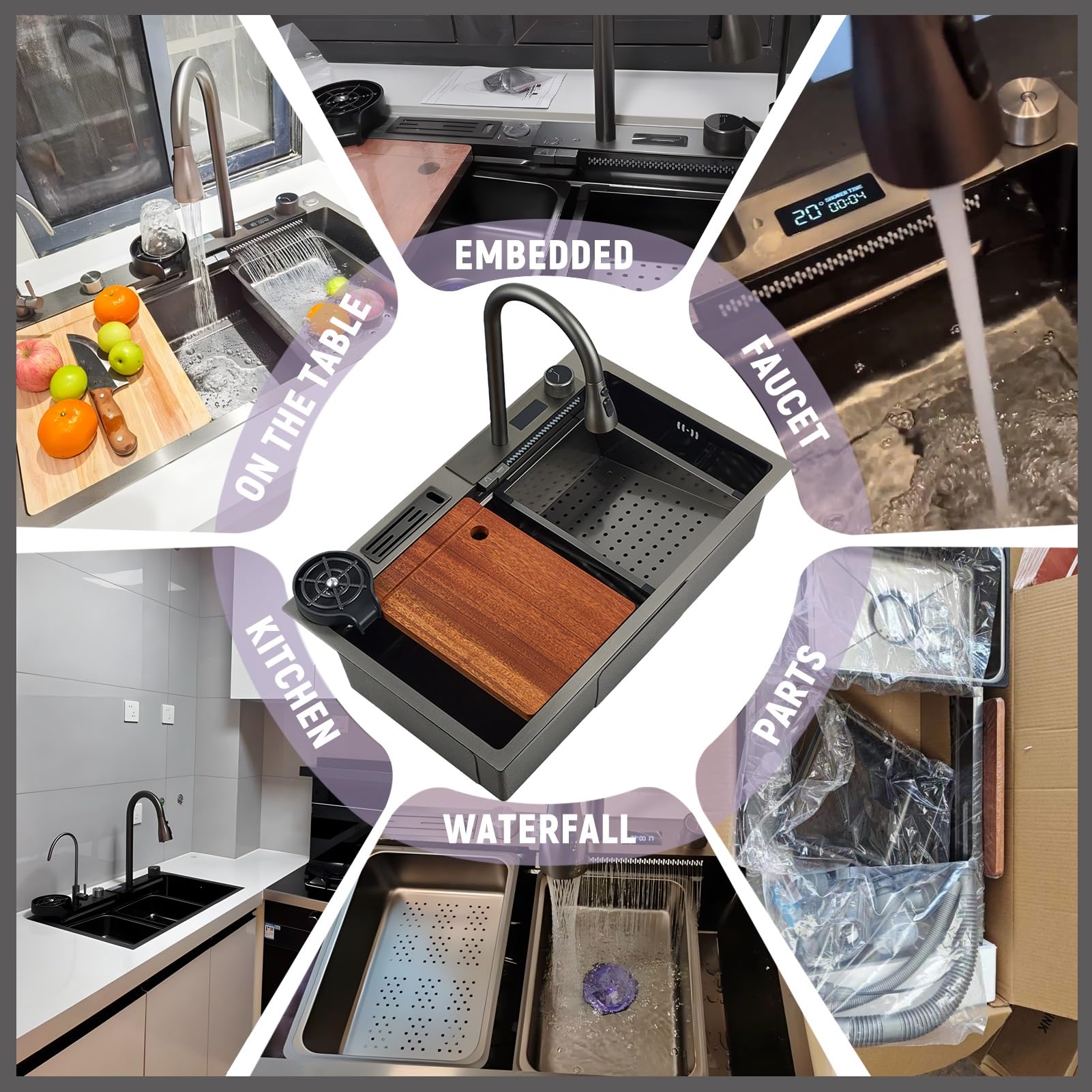 80X45cm Wasserfall spüle, Multifunktionale Spülbecken Schwarz, 1 Becken Spüle Küche Edelstahl Rechteck mit Zubehör wie Abflusskörbe, Siphon, Über- und Ablauf-Set