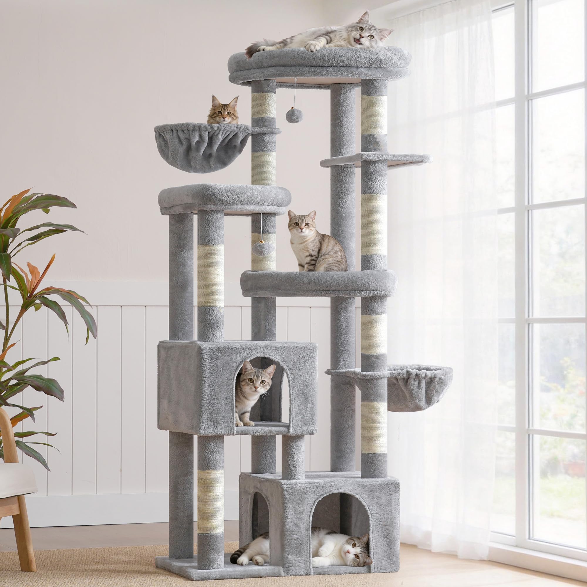 Hey‑brother Rascador para Gatos,con 3 Plataformas Grandes, 2 Cueva, MPJ084W | 171cm Árbol para Gatos Multi-Nivel, 2 Cestas Suaves, 2 Pelota de peluche, para Maine Coon de Interior, Gris Claro