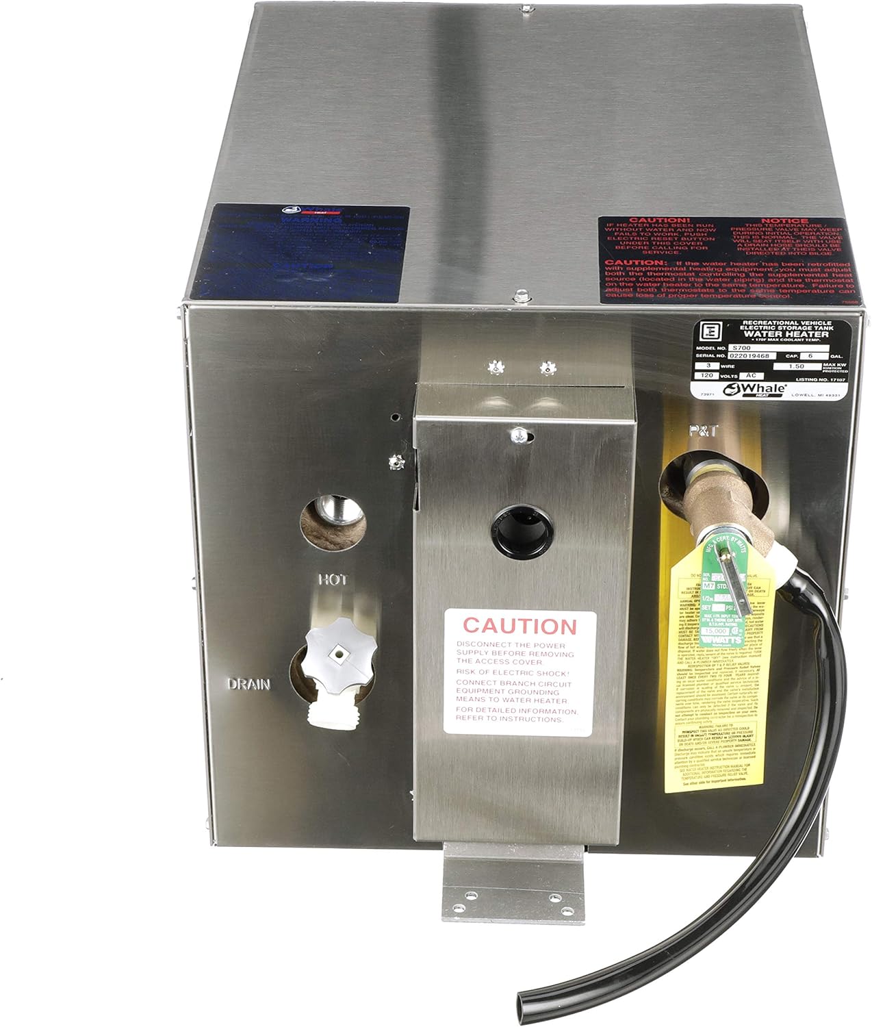 Whale Premium Water Heater - 3 or 6-Gallon Capacity - 120V - Perfect for Boats and RV Stainless Steel Rear Heat Exchanger